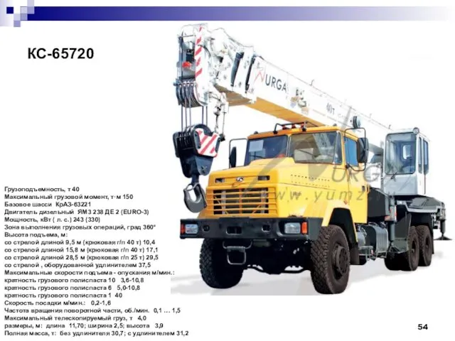 КС-65720 Грузоподъемность, т 40 Максимальный грузовой момент, т·м 150 Базовое шасси
