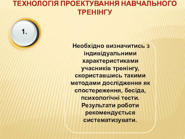 ТЕХНОЛОГІЯ ПРОЕКТУВАННЯ НАВЧАЛЬНОГО ТРЕНІНГУ Необхідно визначитись з індивідуальними характеристиками учасників тренінгу,