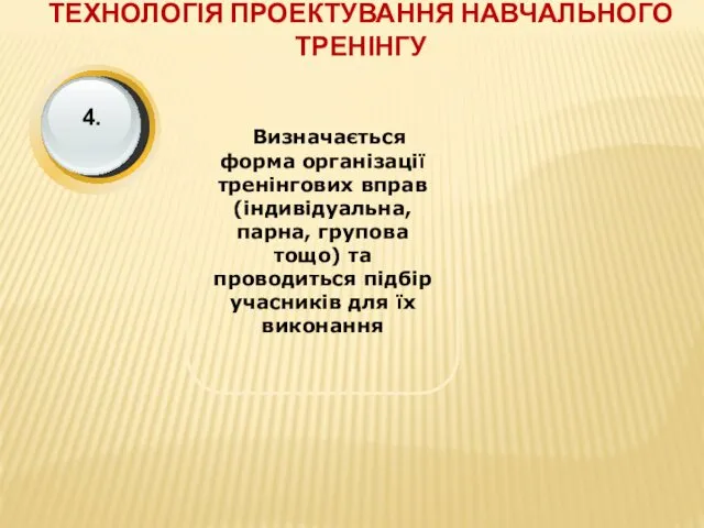 ТЕХНОЛОГІЯ ПРОЕКТУВАННЯ НАВЧАЛЬНОГО ТРЕНІНГУ Визначається форма організації тренінгових вправ (індивідуальна, парна,