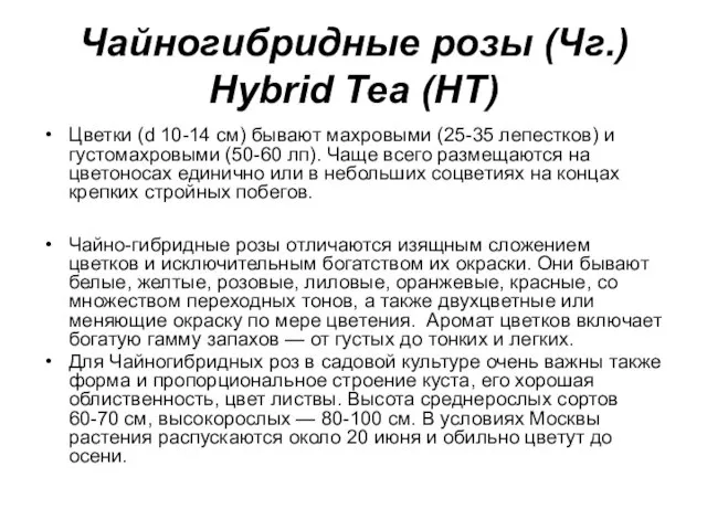 Чайногибридные розы (Чг.) Hybrid Tea (HT) Цветки (d 10-14 см) бывают