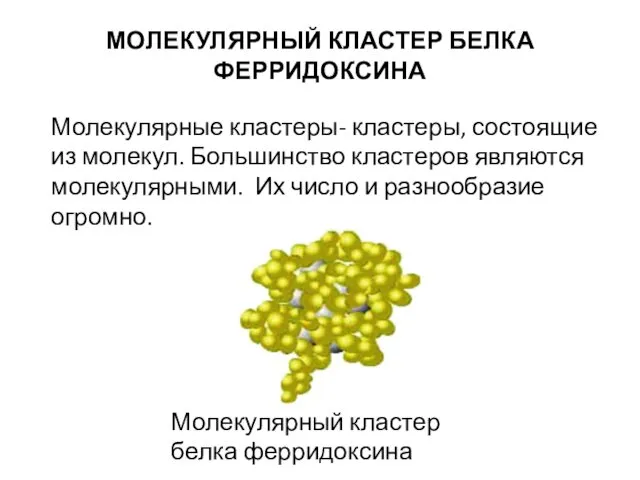 МОЛЕКУЛЯРНЫЙ КЛАСТЕР БЕЛКА ФЕРРИДОКСИНА Молекулярные кластеры- кластеры, состоящие из молекул. Большинство