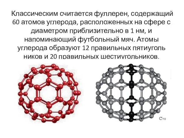 Классическим считается фуллерен, содержащий 60 атомов углерода, расположенных на сфере с