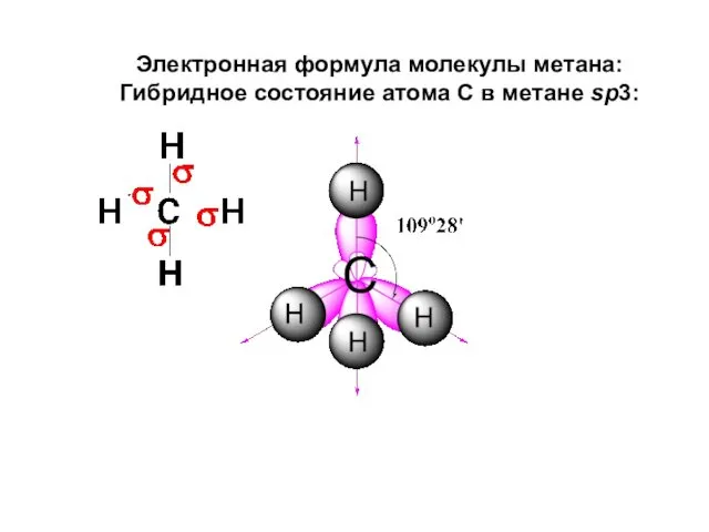 Электронная формула молекулы метана: Гибридное состояние атома С в метане sp3: