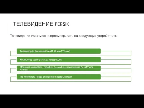 ТЕЛЕВИДЕНИЕ PERSIK Телевидение Persik можно просматривать на следующих устройствах: