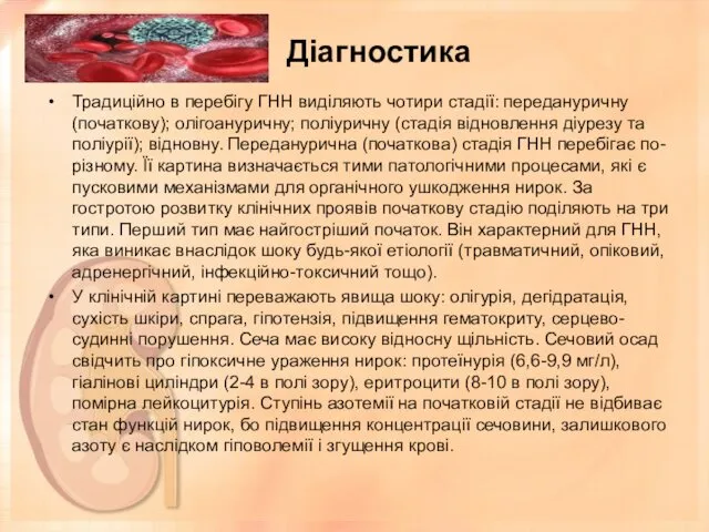 Діагностика Традиційно в перебігу ГНН виділяють чотири стадії: передануричну (початкову); олігоануричну;