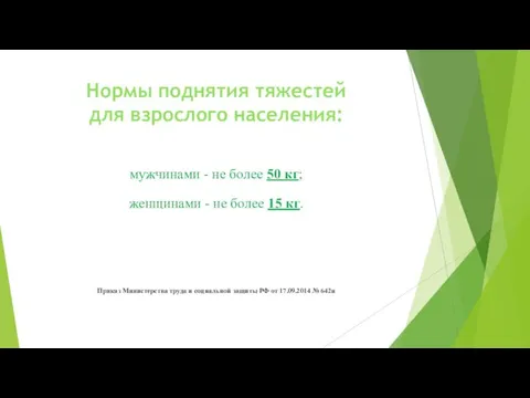 Нормы поднятия тяжестей для взрослого населения: мужчинами - не более 50