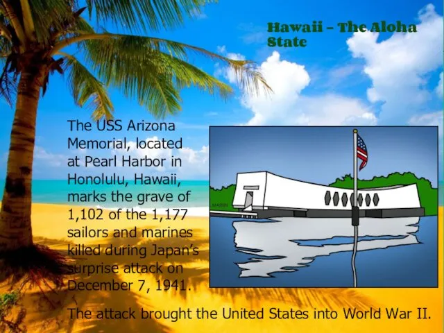 The USS Arizona Memorial, located at Pearl Harbor in Honolulu, Hawaii,