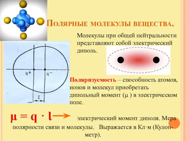 Полярные молекулы вещества. Молекулы при общей нейтральности представляют собой электрический диполь.