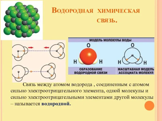 Водородная химическая связь. Связь между атомом водорода , соединенным с атомом