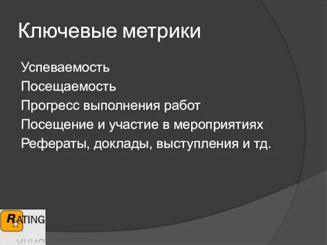 Ключевые метрики Успеваемость Посещаемость Прогресс выполнения работ Посещение и участие в