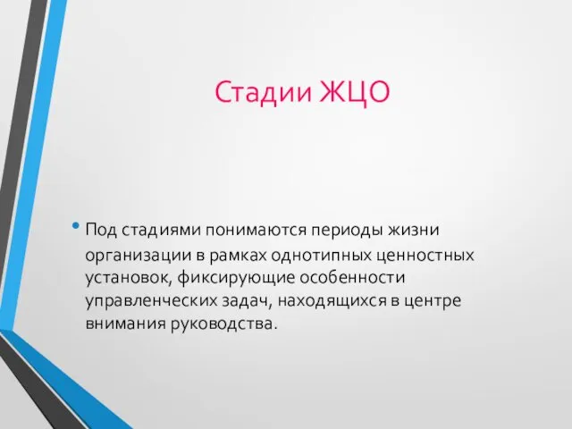 Стадии ЖЦО Под стадиями понимаются периоды жизни организации в рамках однотипных