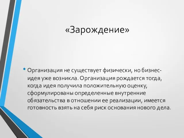 «Зарождение» Организация не существует физически, но бизнес-идея уже возникла. Организация рождается