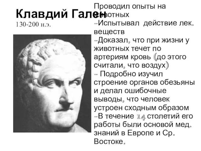 Клавдий Гален 130-200 н.э. Проводил опыты на животных -Испытывал действие лек.