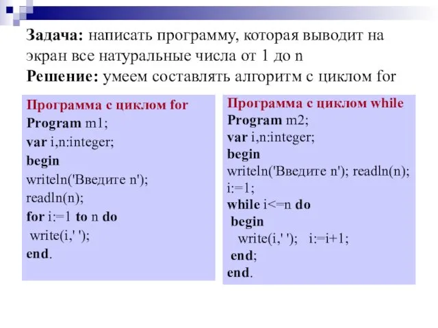 Задача: написать программу, которая выводит на экран все натуральные числа от