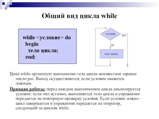 Общий вид цикла while Цикл while организует выполнение тела цикла неизвестное