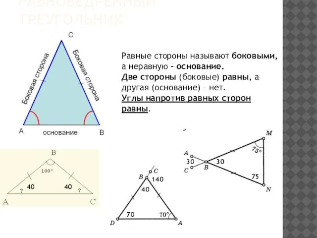 РАВНОБЕДРЕННЫЙ ТРЕУГОЛЬНИК Равные стороны называют боковыми, а неравную – основание. Две