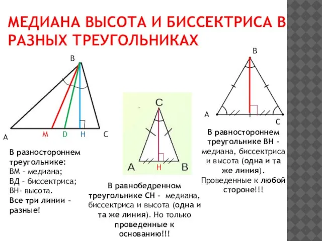 МЕДИАНА ВЫСОТА И БИССЕКТРИСА В РАЗНЫХ ТРЕУГОЛЬНИКАХ А C B H