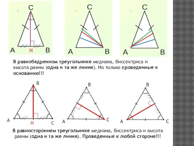 В равнобедренном треугольнике медиана, биссектриса и высота равны (одна и та