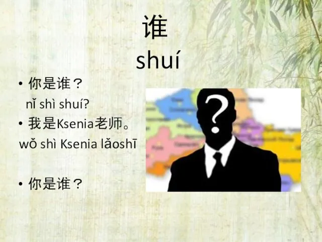 谁 shuí 你是谁？ nǐ shì shuí? 我是Ksenia老师。 wǒ shì Ksenia lǎoshī 你是谁？