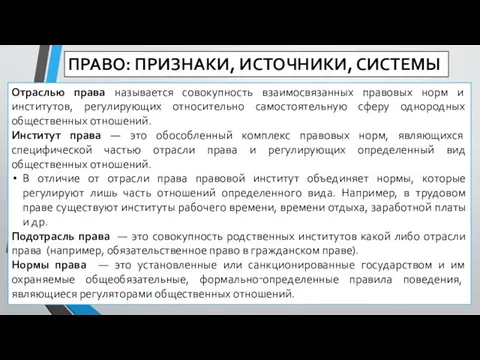 Отраслью права называется совокупность взаимосвязанных правовых норм и институтов, регулирующих относительно