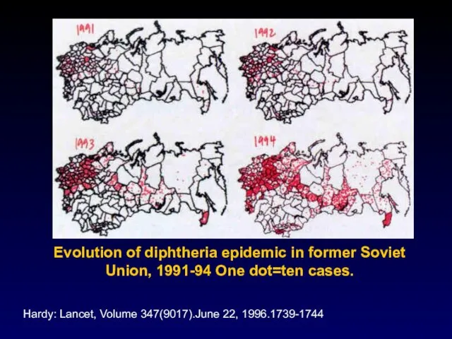 Evolution of diphtheria epidemic in former Soviet Union, 1991-94 One dot=ten