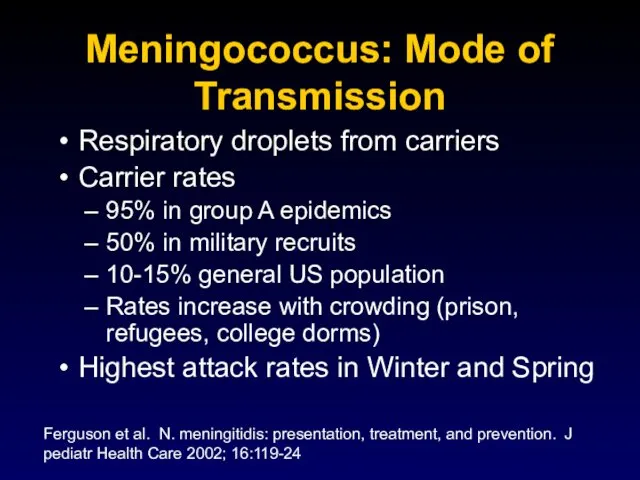 Meningococcus: Mode of Transmission Respiratory droplets from carriers Carrier rates 95%