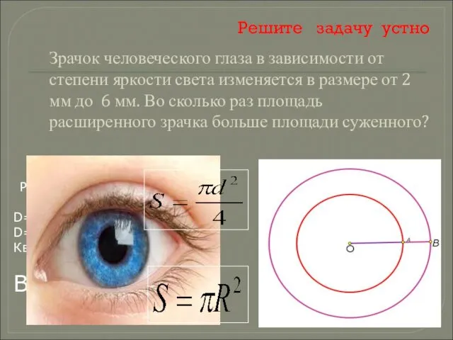 Решите задачу устно Зрачок человеческого глаза в зависимости от степени яркости