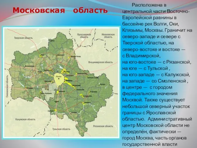 Московская область Расположена в центральной части Восточно-Европейской равнины в бассейне рек