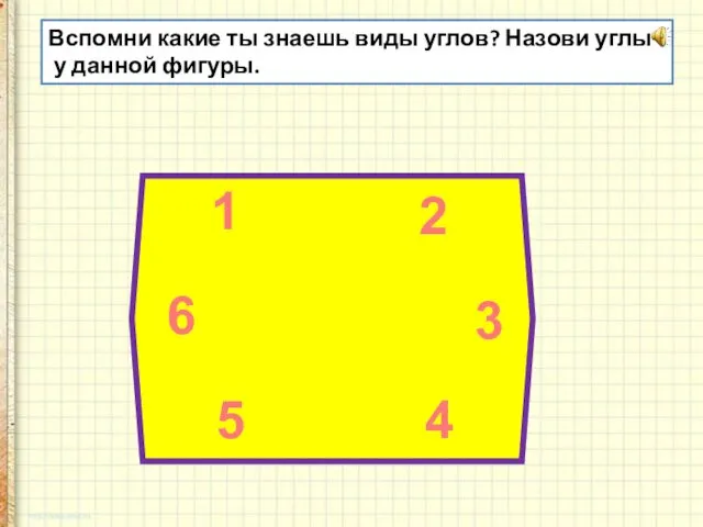 Вспомни какие ты знаешь виды углов? Назови углы у данной фигуры.