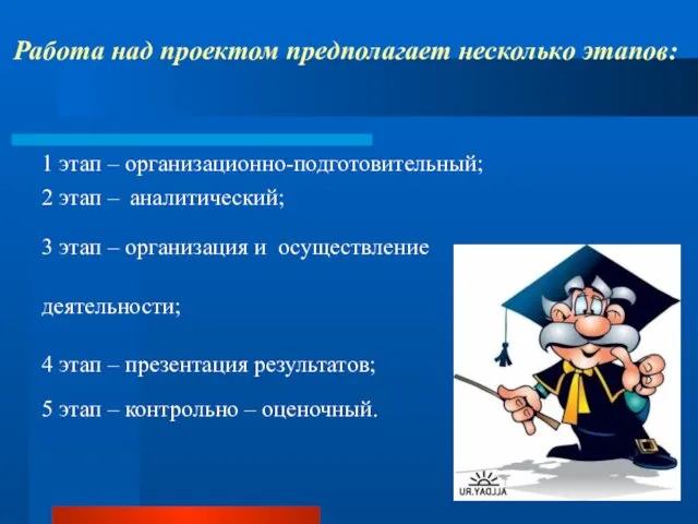 Работа над проектом предполагает несколько этапов: 1 этап – организационно-подготовительный; 2