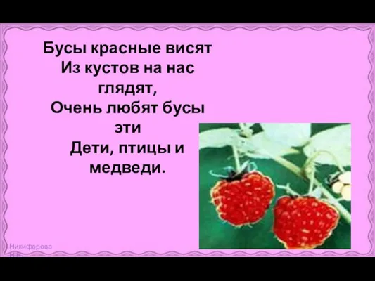 Бусы красные висят Из кустов на нас глядят, Очень любят бусы эти Дети, птицы и медведи.