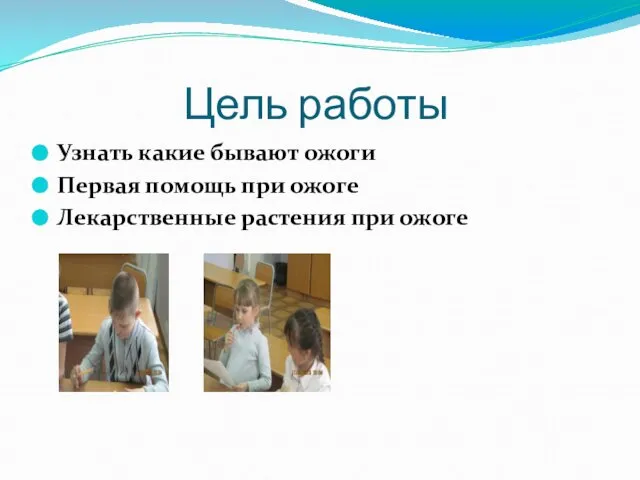 Цель работы Узнать какие бывают ожоги Первая помощь при ожоге Лекарственные растения при ожоге