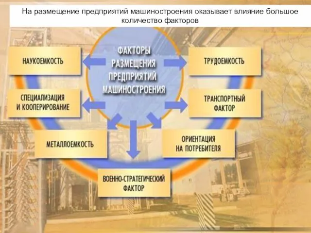 На размещение предприятий машиностроения оказывает влияние большое количество факторов