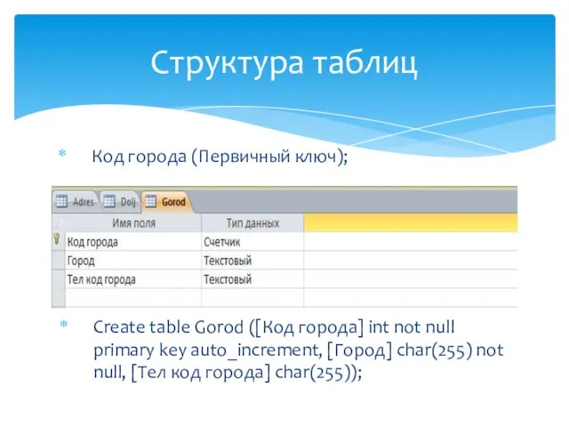 Create table Gorod ([Код города] int not null primary key auto_increment,