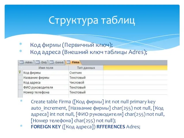 Create table Firma ([Код фирмы] int not null primary key auto_increment,