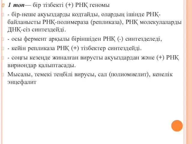 1 топ— бір тізбекті (+) РНҚ геномы - бір-неше ақуыздарды кодтайды,