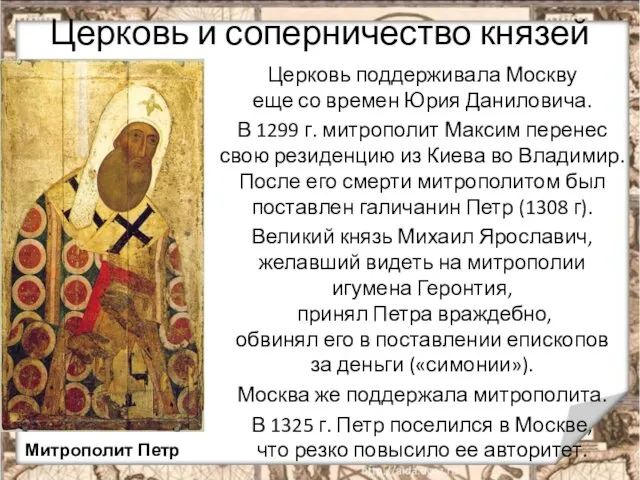 Церковь и соперничество князей Церковь поддерживала Москву еще со времен Юрия