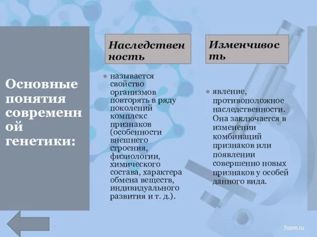 Основные понятия современной генетики: Наследственность называется свойство организмов повторять в ряду