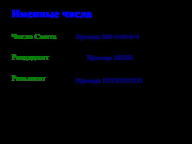 Именные числа Пример: 202=2+0+2=4 Число Смита Репьюнит Репдиджит Пример: 222222 Пример: 11111111111111