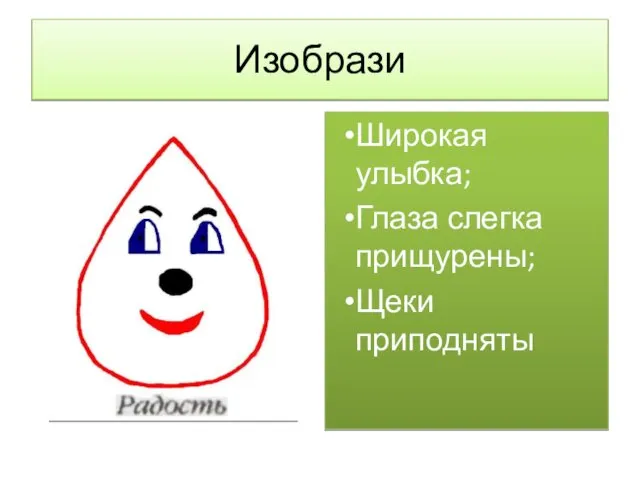 Изобрази Широкая улыбка; Глаза слегка прищурены; Щеки приподняты