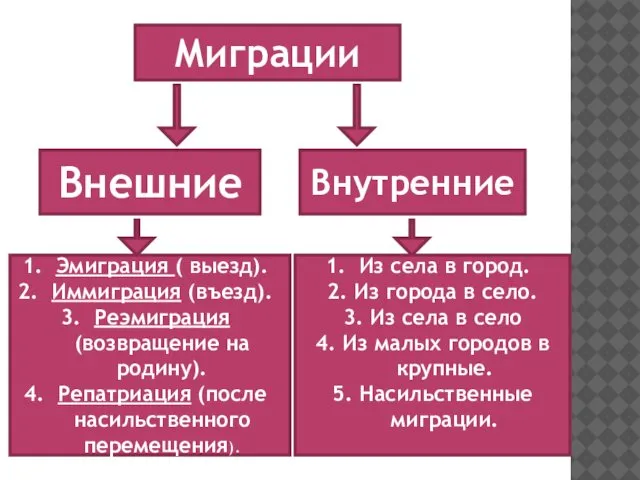 Миграции Внешние Внутренние Эмиграция ( выезд). Иммиграция (въезд). Реэмиграция (возвращение на