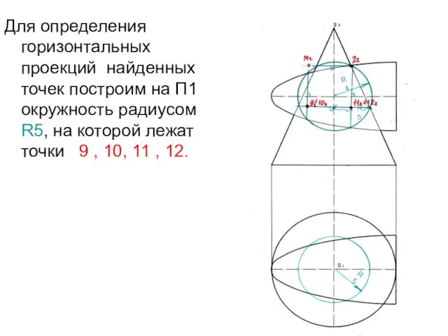 Для определения горизонтальных проекций найденных точек построим на П1 окружность радиусом