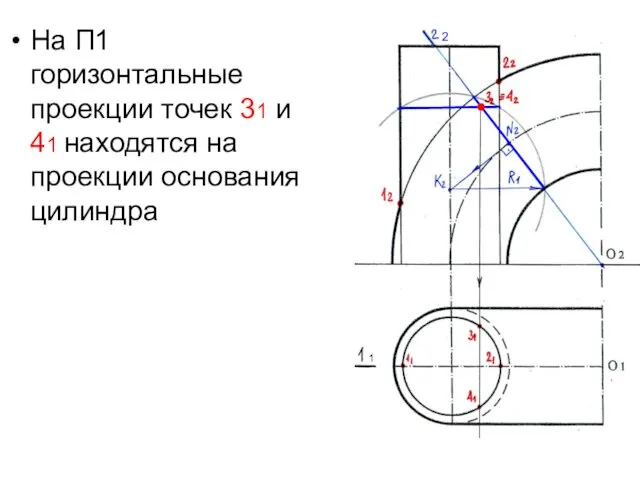 На П1 горизонтальные проекции точек 31 и 41 находятся на проекции основания цилиндра 1 2 ●