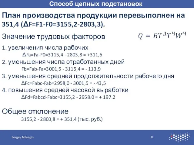 Способ цепных подстановок Sergey Mityagin План производства продукции перевыполнен на 351,4