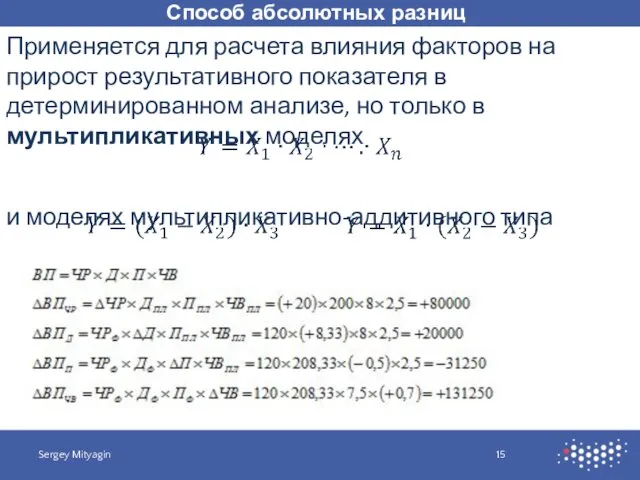 Способ абсолютных разниц Sergey Mityagin Применяется для расчета влияния факторов на