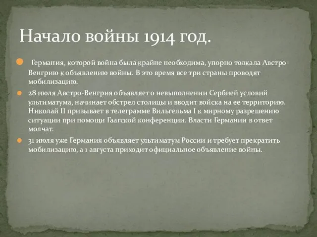 Германия, которой война была крайне необходима, упорно толкала Австро-Венгрию к объявлению