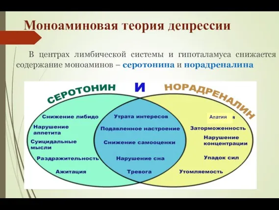 Моноаминовая теория депрессии В центрах лимбической системы и гипоталамуса снижается содержание моноаминов – серотонина и норадреналина