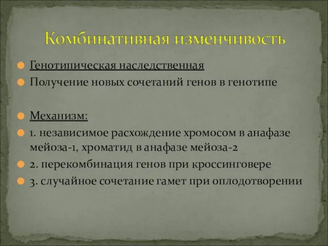 Генотипическая наследственная Получение новых сочетаний генов в генотипе Механизм: 1. независимое