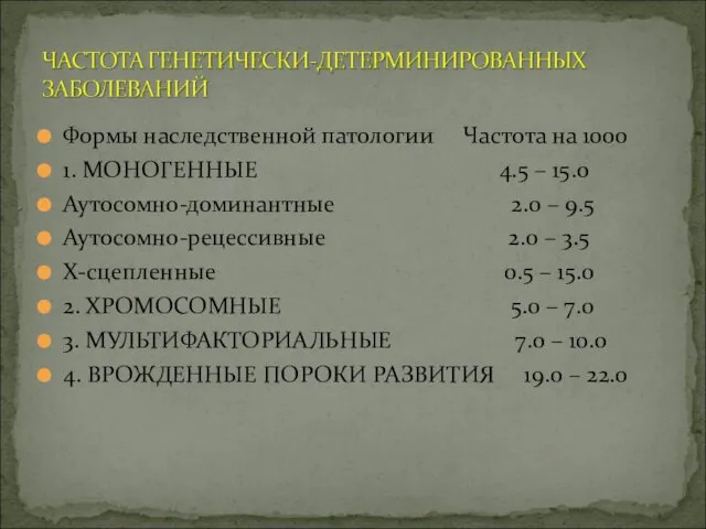 Формы наследственной патологии Частота на 1000 1. МОНОГЕННЫЕ 4.5 – 15.0