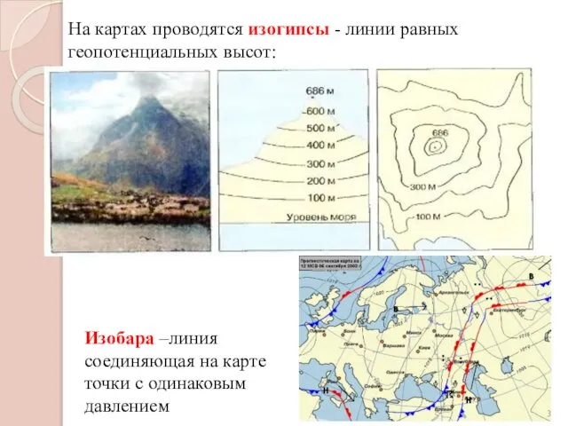 На картах проводятся изогипсы - линии равных геопотенциальных высот: Изобара –линия